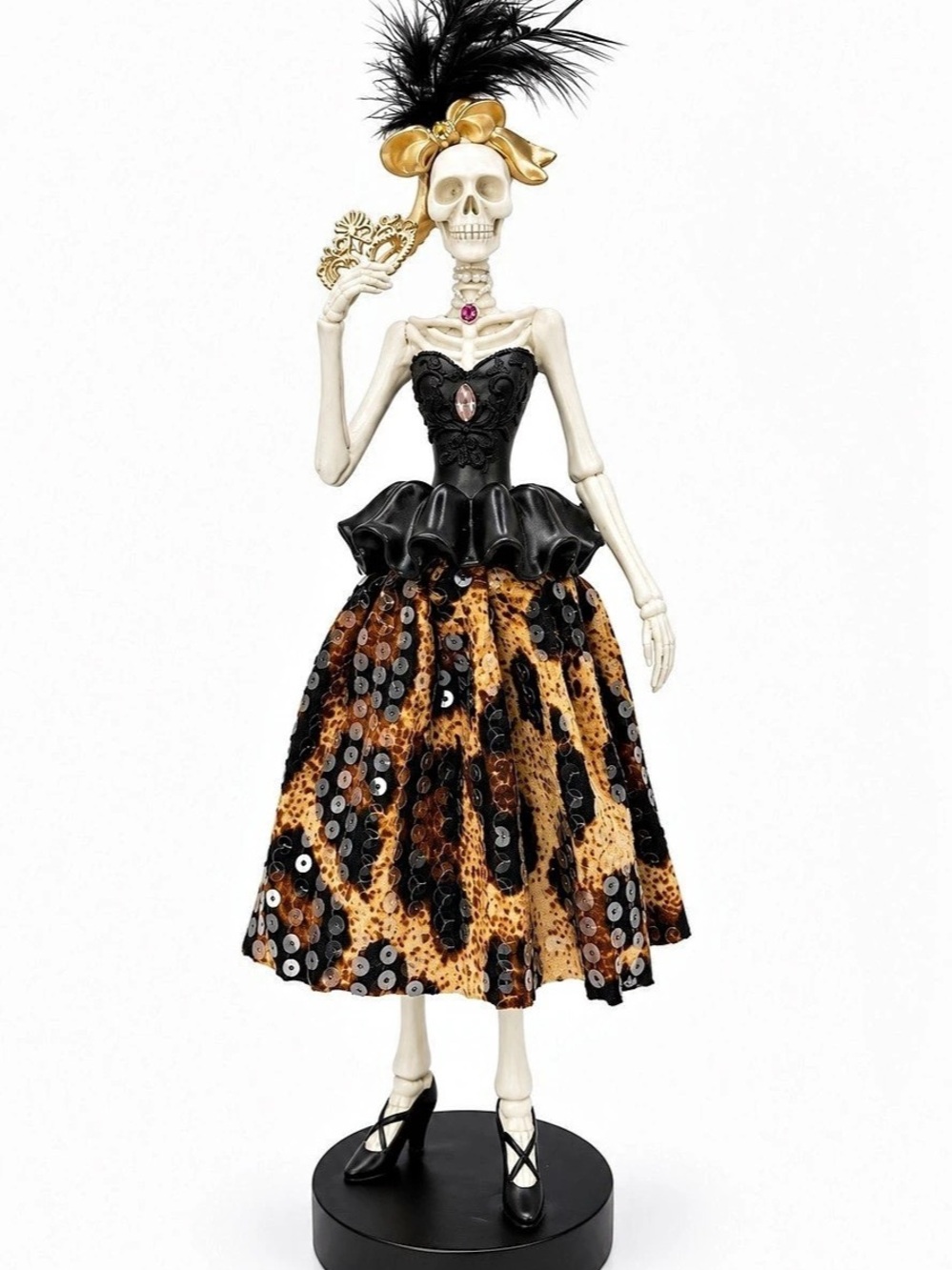 Elegant Skeleton Lady Masquerade Figurine Leopard Sequin Dress Halloween Decor 1